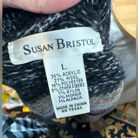 Susan Bristol Wool Blend Sweater Open Cardigan Ruffled Size L Black Tan Striped - Picture 3 of 3